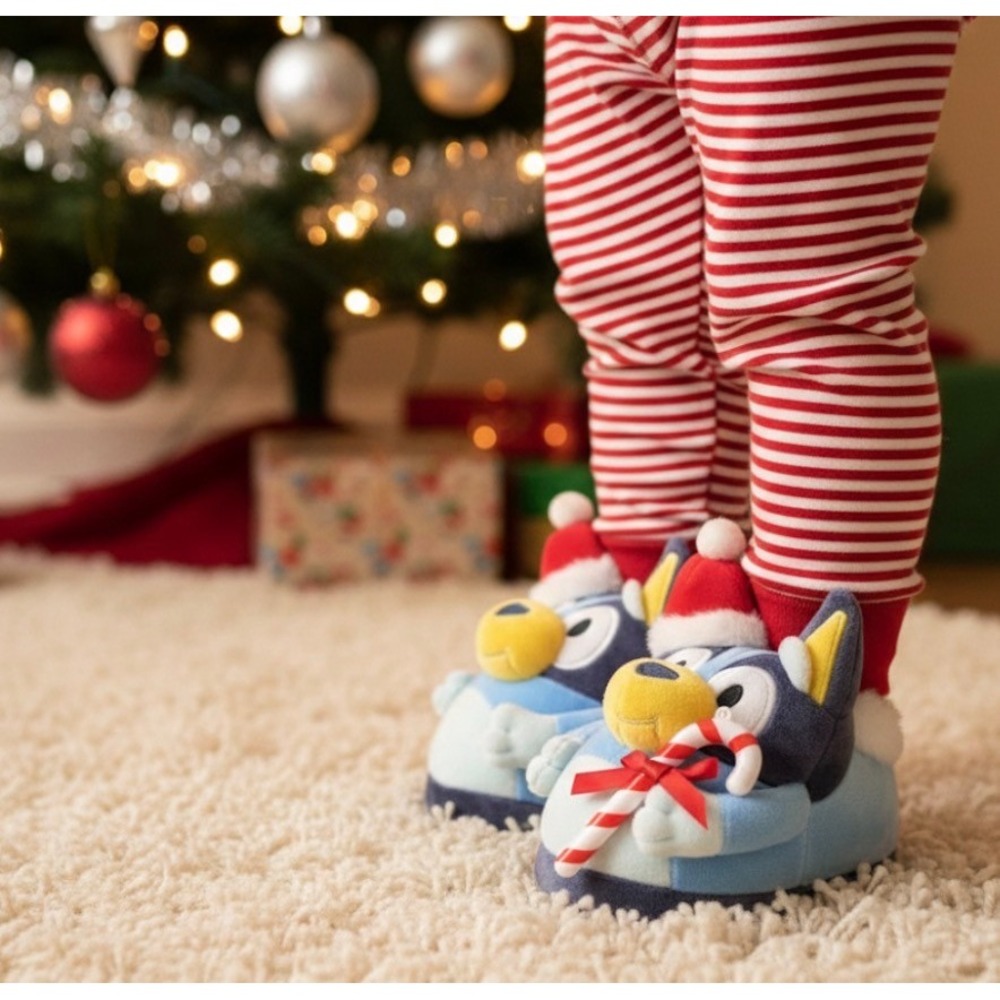 Bluey Kids Slippers Christmas Santa Hat Candy‎ Cane Plush Size S